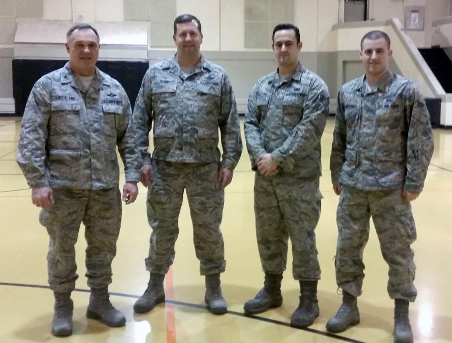 From left to right, Rick Strickland, Jeff Ullom, Timothy Caballero, and Kolby Kleinshnitz, after morning drill practice Monday, March 7th, in the West Gym.