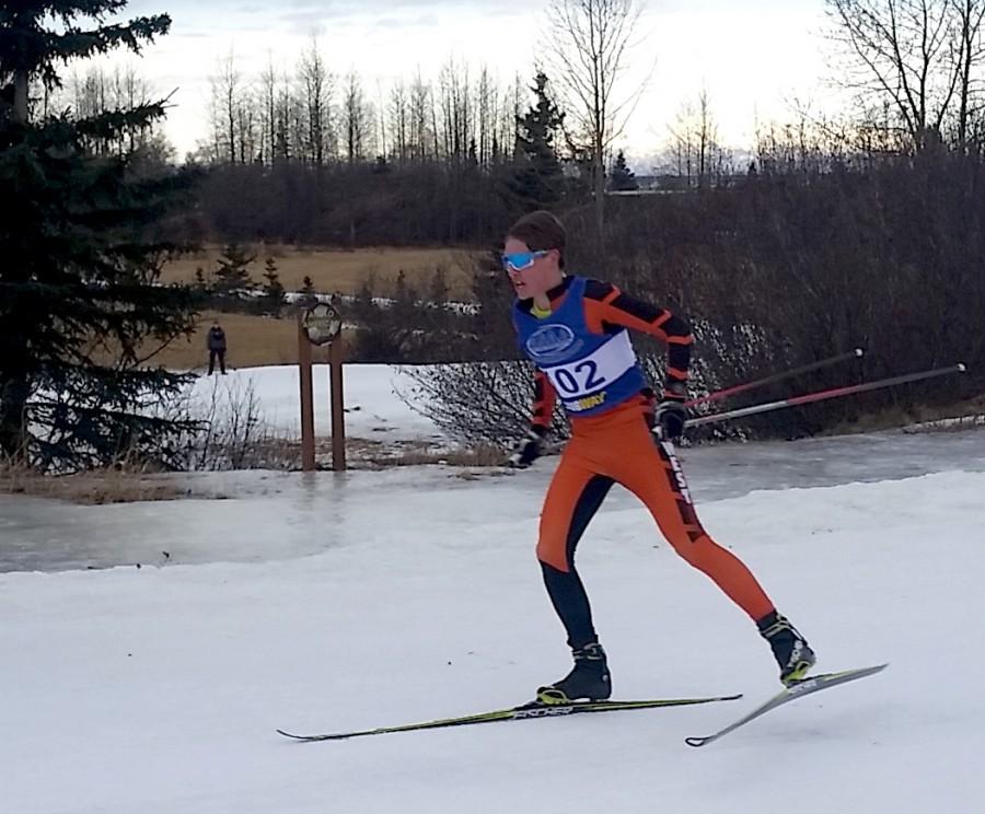 Luke Jager on the home stretch leading the West boys relay team to victory during the 2016 Ski Championship at Kincaid. 