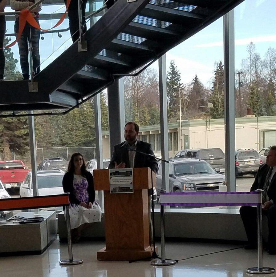 Principal Rick Stone giving a speech at West Anchorage High school, during the grand opening of the Career and Technical Education wing on March 31, 2016. 