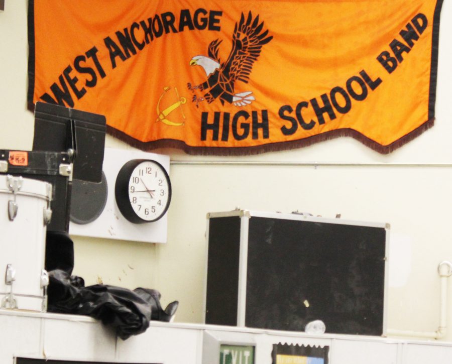 West Anchorage Band Flag portrayed over the exit out of the Band/Orchestra room.