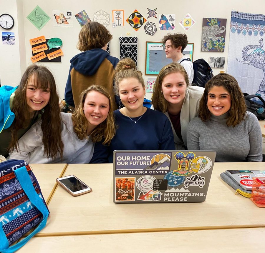 Before the meeting began at West on January 21, 2020 Ashlynn Johnson, Kelsey Johannes, Lily Flanum, Devon James and Caitlin Omey posed for a photo before eating their lunches.