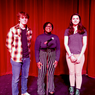Poetry Out Loud participants Frontrunner Cam Brosnahan, 1st place winner Asya Gipson, and alternate Victoria Rossoff in the West High auditorium.